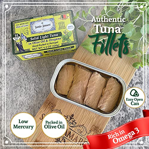 Image of Santo Amaro - Artisanal Wild Tuna Fillets in Olive Oil & Oregano, Pole & Line Caught Tuna from Portugal, Hand-Packed Athens-Style Canned Tuna Fish, 22g Protein, Paleo, Keto, Low Mercury, Pack of 3