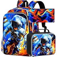 FTJCF 17\" Space Backpack, Boys Kids Bookbag with Lunch Box, 3Pcs School Astronaut Backpacks for Elementary Preschool Kindergarten (Fire Red)