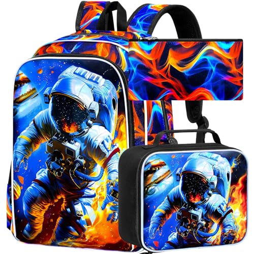 Image of 17 inch Space Backpack, Boys Kids Bookbag with Lunch Box, 3Pcs School Astronaut Backpacks for Elementary Preschool Kindergarten (Fire Red)