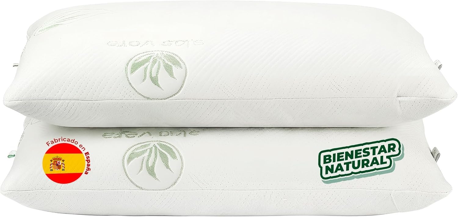 Pack de 2 Almohadas Viscoelasticas Copos Aloe Vera Transpirable Hipoalergenica Firmeza Media Adaptable Cuello Cervical Anti Calor Lavable Desenfundable Confort Dormir Lado Espalda 90 Cm