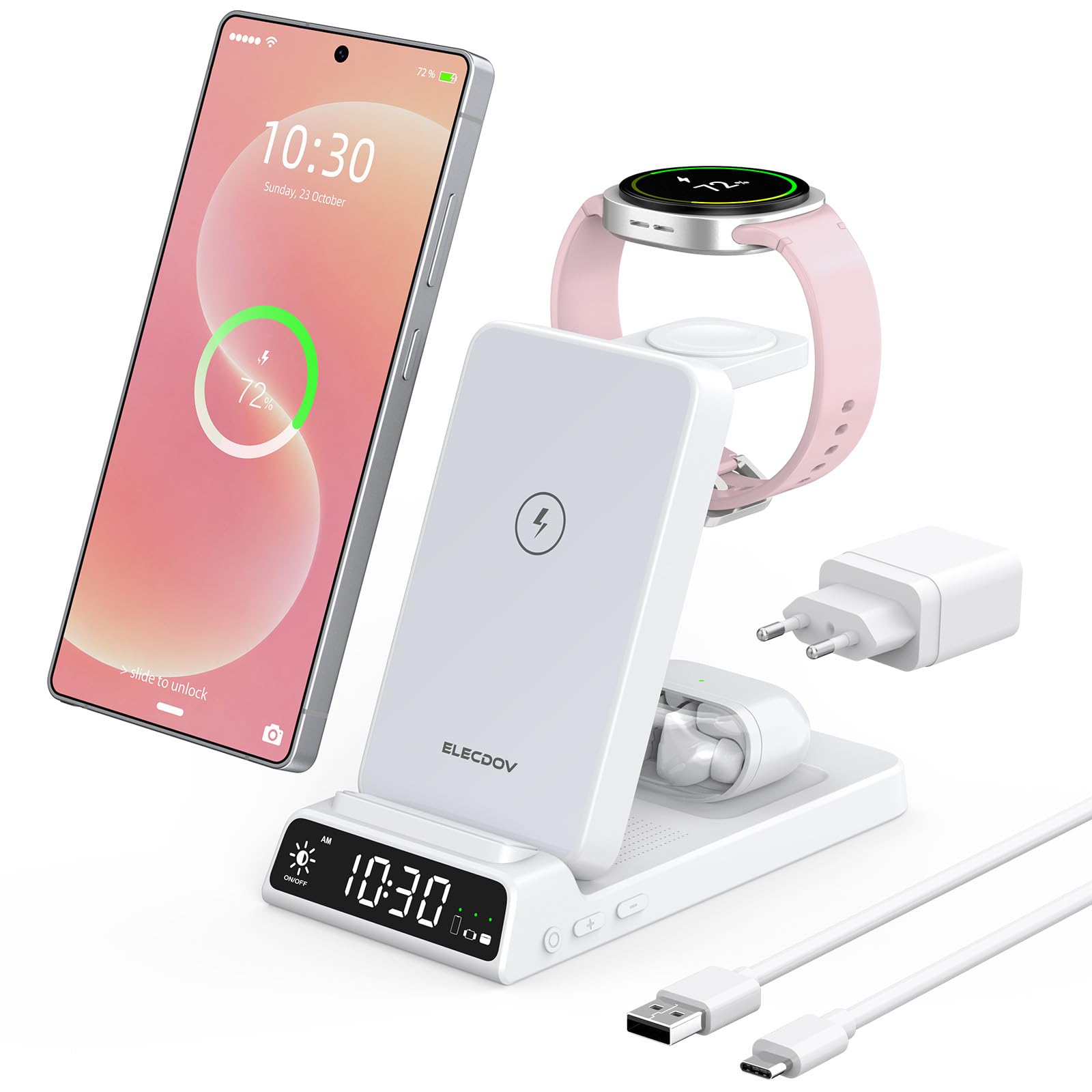 Chargeur Induction pour Samsung Galaxy S26/S25/S24/Z Flip 7/Fold 6 Charge 3 en 1, Chargeur Montre pour Samsung Galaxy Watch Ultra/8 Classic/7/6, Chargeur sans Fil pour Galaxy Buds 4/3 (Blanc)