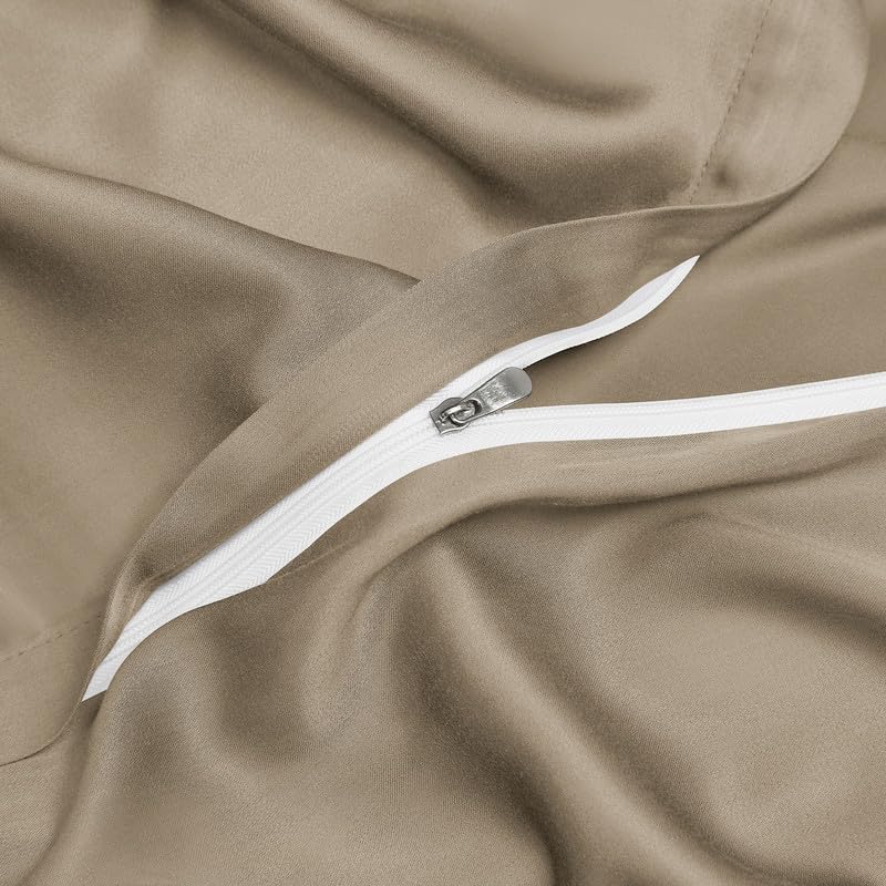 Gezu - Funda nórdica de bambú 220 x 240 cm, color marrón caqui, juego de cama de 220 x 240 cm, para adultos, 2 personas, fresco, Tencel Lyocell y ropa de cama de seda lisa, sedosa brillante, con 2