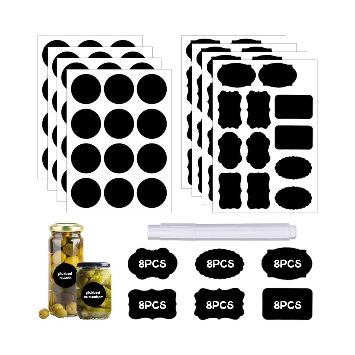 Small Chalkboard Labels, Black Stickers, Waterproof and Reusable Removable Labels for Containers, Mason Jars, Bottles, Storage Bins, Kitchen with 1 Free Chalk Marker