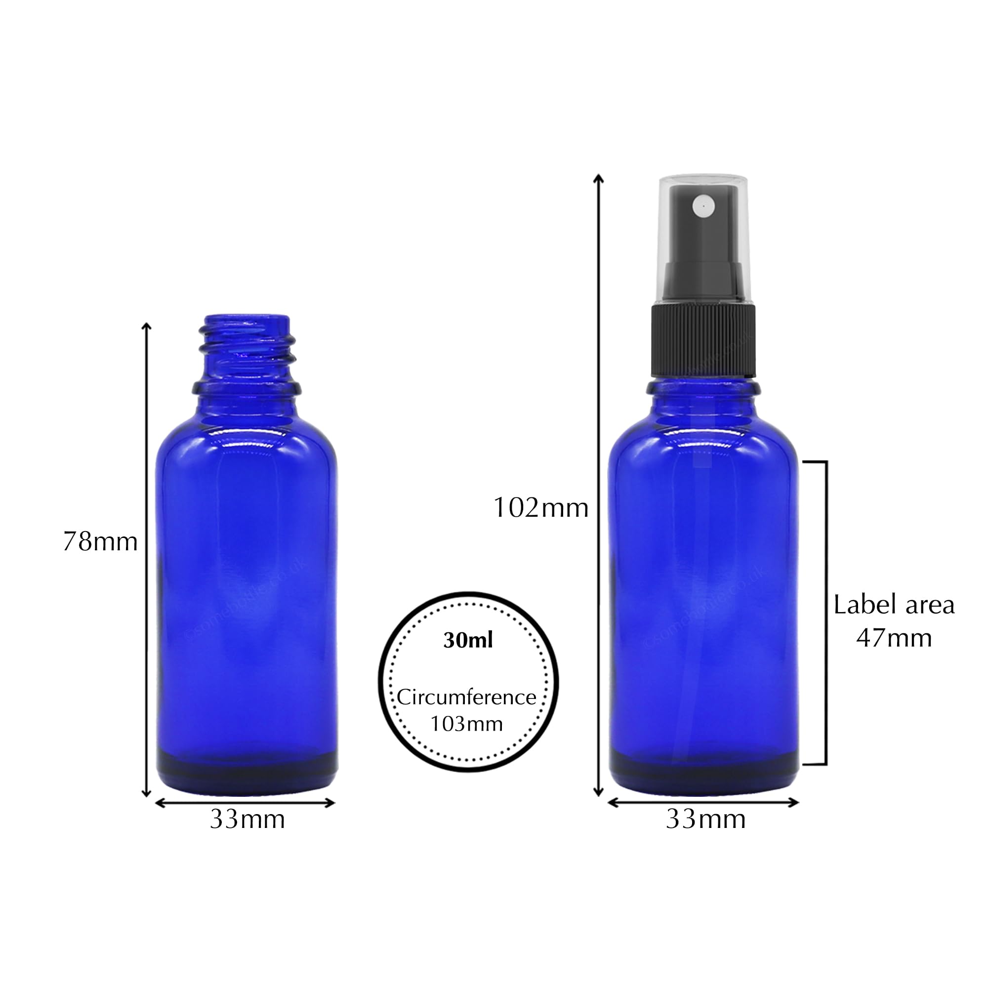 Blaue Glas-Sprühflaschen mit schwarzem Zerstäuber, Sprühflaschen, kobaltblaue Sprühflaschen, nachfüllbar, für Flüssigkeiten/Kosmetik/ätherisches Öl/Aromatherapie/Parfüm, 40–30