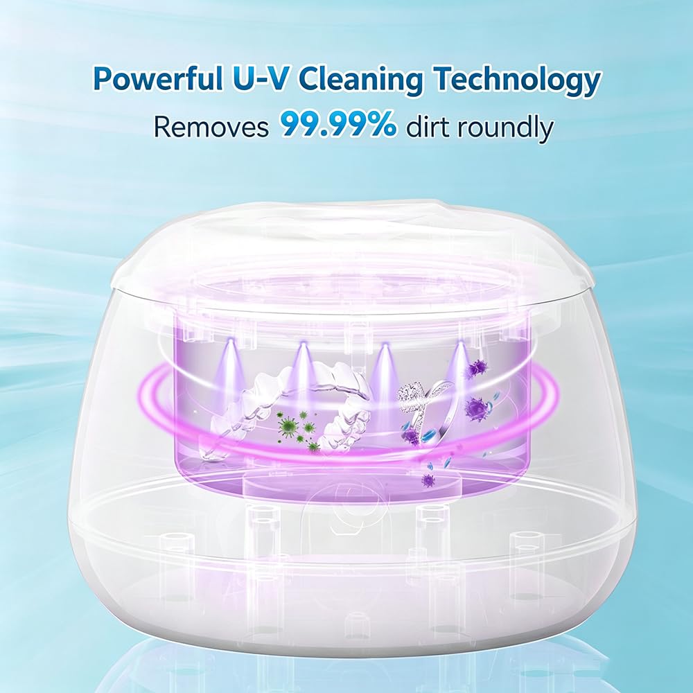 Nettoyeur À Ultrasons Stérilisation UV Appareil De Nettoyant Prothèses Dentaires Machine 200 Ml Nettoyeur Bijoux Ultrasons Pour Aligneurs Protège-dents Prothèses Dentaires Bijoux,White-200ml
