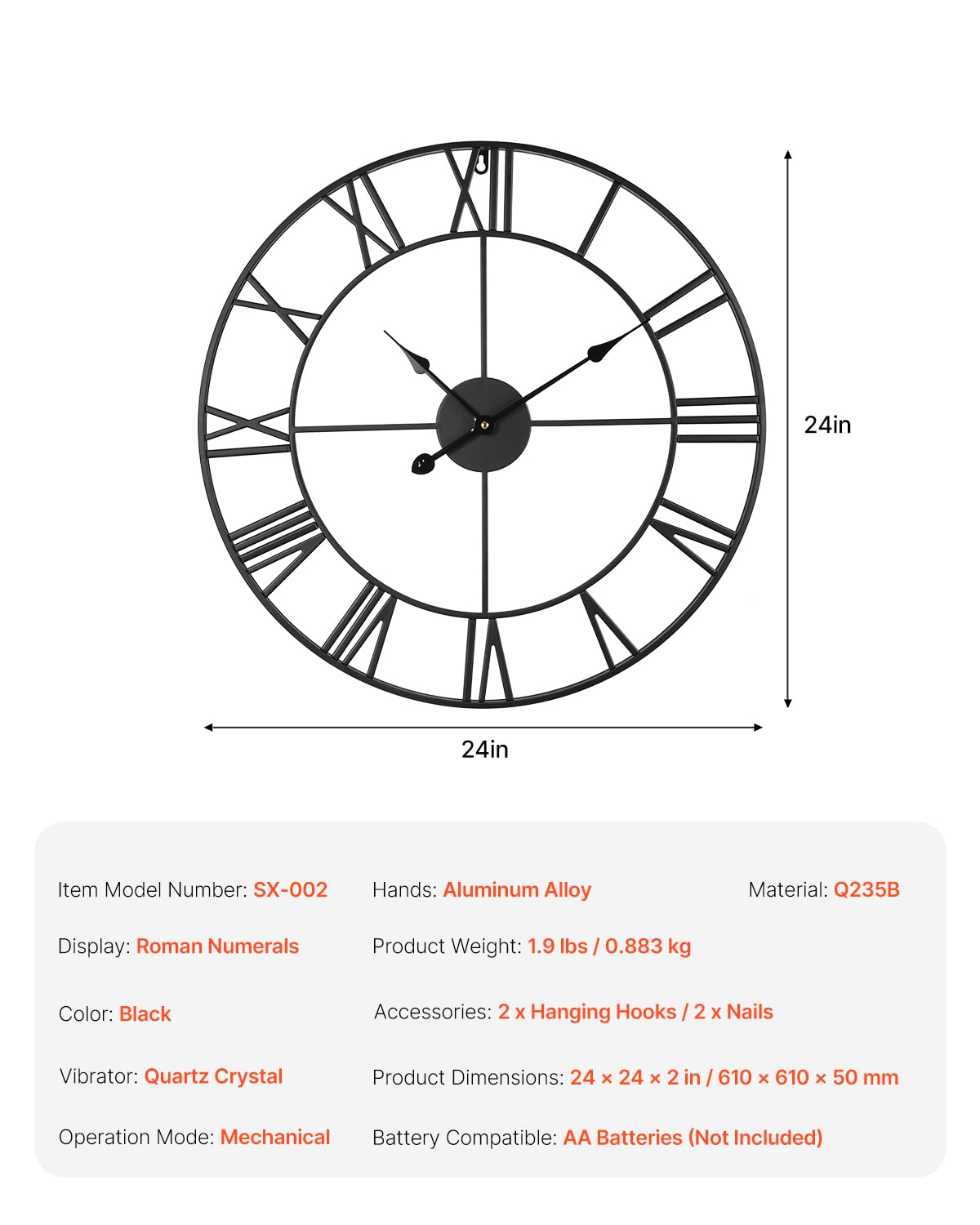 VEVOR Reloj de pared grande, reloj de pared de 24 pulgadas, números romanos, funciona con pilas, silencioso, clásico, decorativo, redondo, para sala de estar, dormitorio, oficina, cocina, comedor,