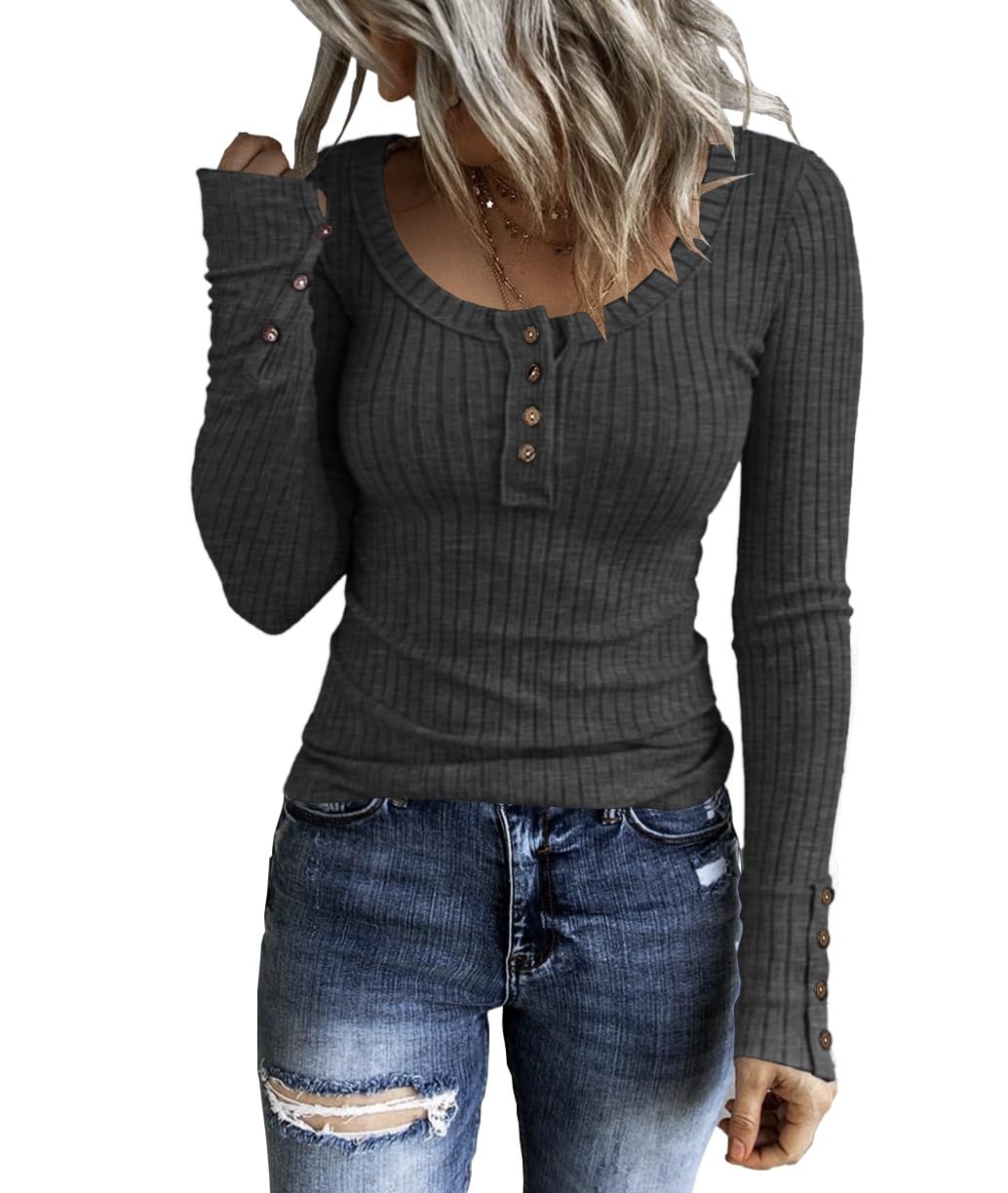 KINLONSAIR Women’s Long Sleeve Henley T Shirts Button Down Slim Fit Tops Scoop Neck Ribbed Knit Shirts