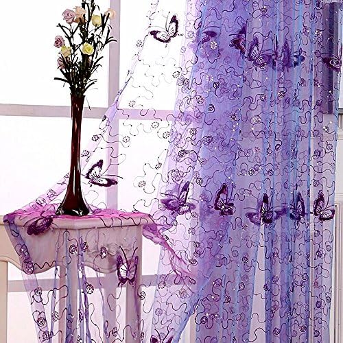 WINYY Sequins Butterfly Sheer Voile Curtain for Bedroom Kitchen Window Purple Curtain Drape Rod Pocket Top Tulle Gauze 1 Panel 40 Inch Wide 63 Inch Long