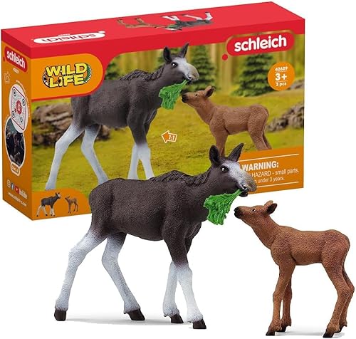 Schleich Wild Life - Juego de juguetes de animales del bosque de América del Norte con alce natural realista y ternero, regalo para niños pequeños,