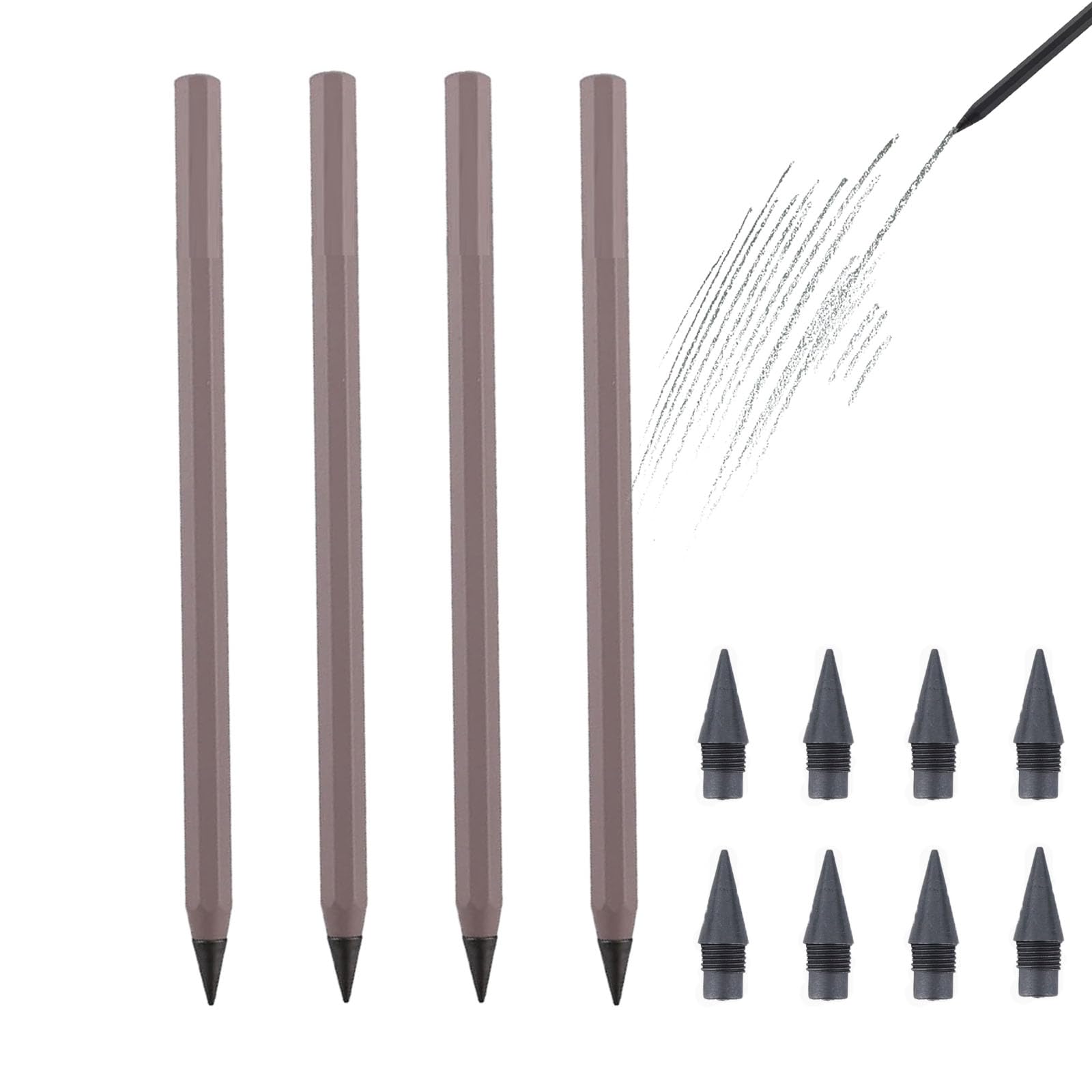 everpen Forever Pencil,Metal Infinity Pencil with Replaceable Nib, Metal Alloy Writing Instrument, With 12 Colored Refill Tips, Pencils for Drawing, Sketching and Writing (4pcs-Brown)