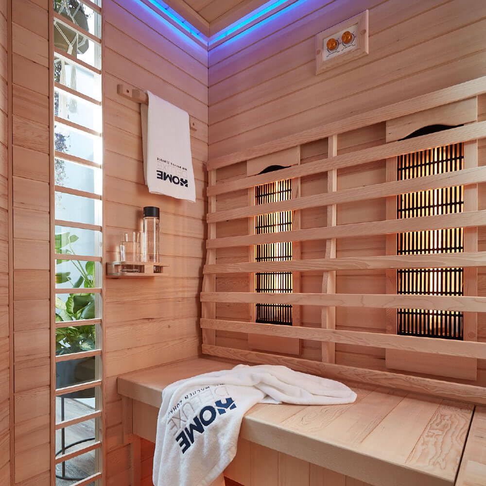 Home Deluxe – Cabine infrarouge – REDSUN XXL DELUXE -150 x 150 x 190 cm - pour 4 personnes, 7 radiateurs à spectre complet – Bois : pruche I Sauna infrarouge, sauna, cabine chauffante, infrarouge