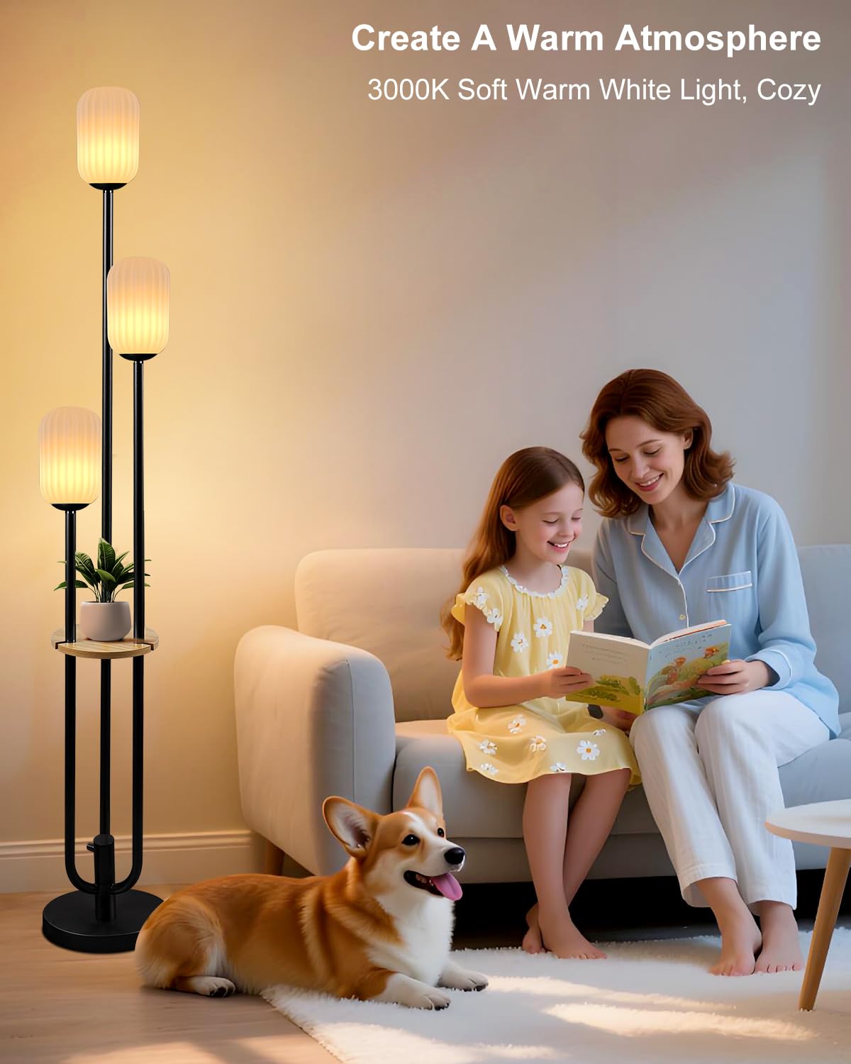 Lampa podłogowa do salonu, ściemniana lampa podłogowa w stylu vintage, z półką i żarówkami LED, 3 światła, 3000 K, miękka, ciepła biel, z połowy wieku, wysokie lampy do sypialni, biura