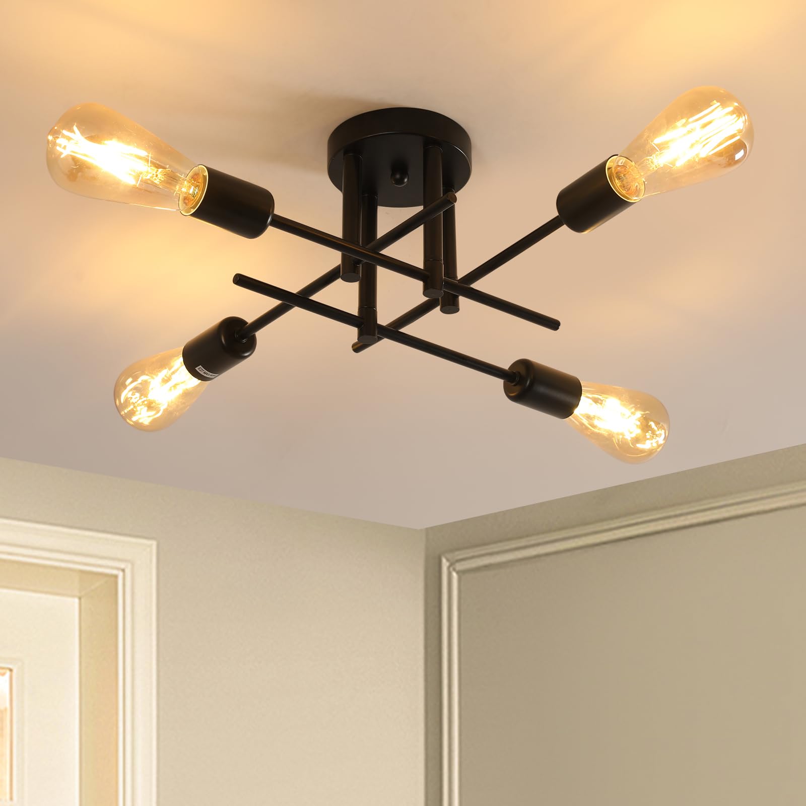 Riserva Lampadario Industrial Nero, E27 Plafoniera Soffitto Moderna Design, 4-Luci Lampada da Soffitto in Ferro per Camera da Letto, Soggiorno, Sala da Pranzo, Balcone,(Bulbi non inclusi)