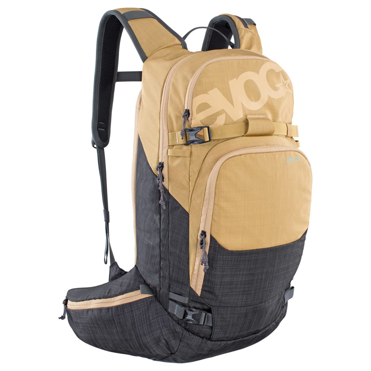 EVOC LINE 20 Tourenrucksack, Skirucksack (NEURALITE SYSTEM, separates Lawinenfach mit Notfallplan, Ski-/Snowboard Befestigungsmöglichkeiten, Hüftgurttaschen, BODDY HUGGING), Gold meliert/Karbongrau