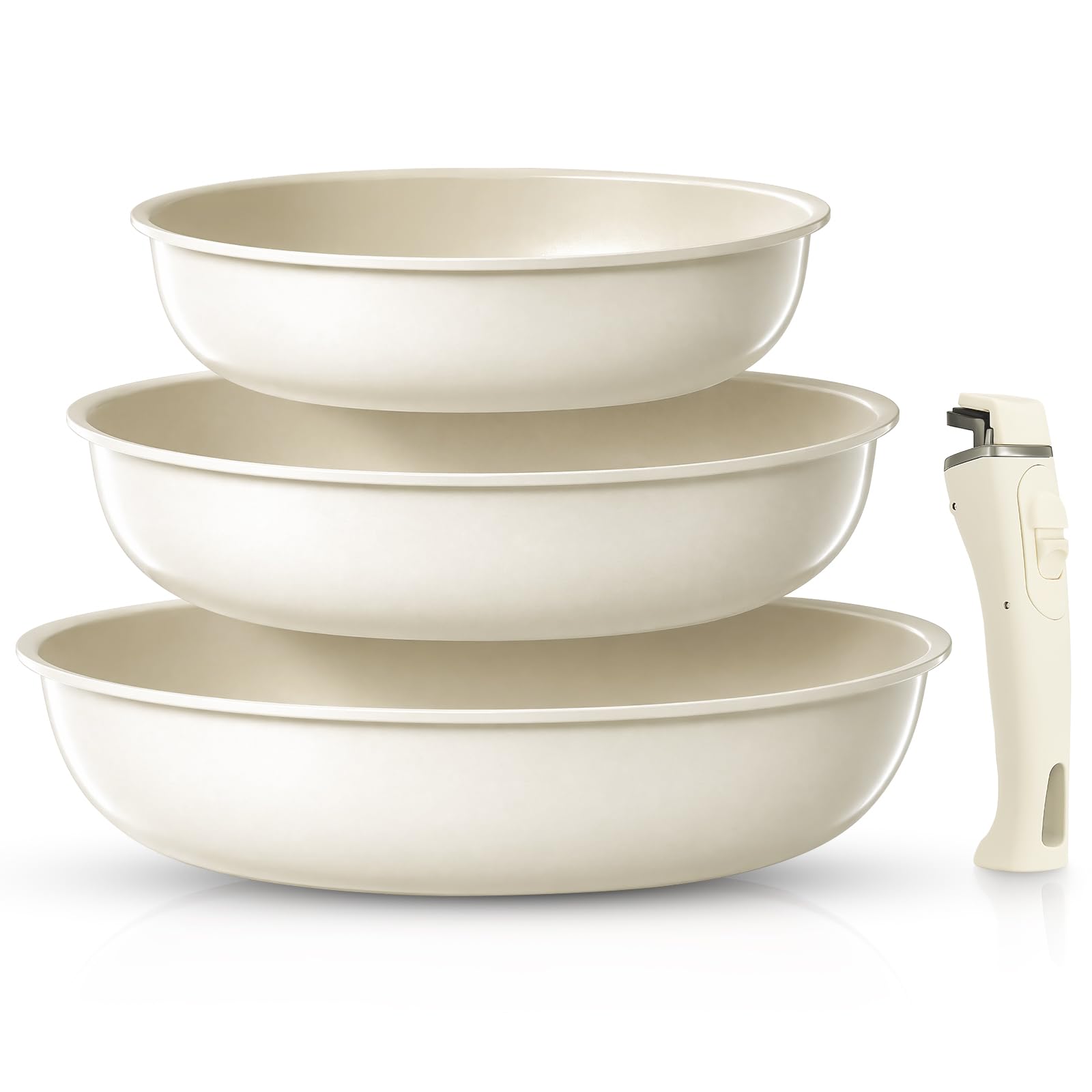 FOHERE Lot de 3 Poêles 20/24/28 cm avec Poignée Amovible, Poele Induction pour Tous les Types de Plaques de Cuisson, Poele Ceramique, Passe au four et au Lave-vaisselle, Aluminium, Beige