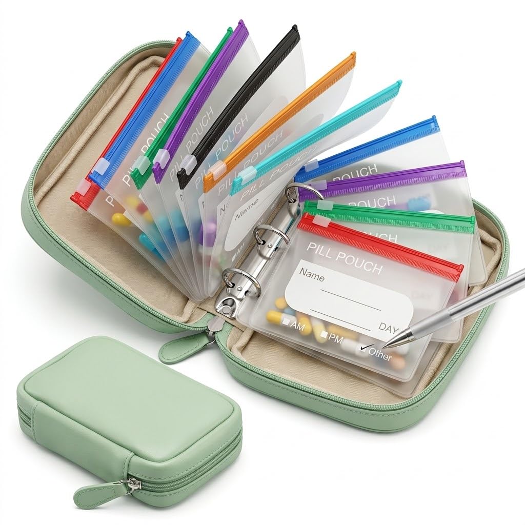 Ensemble de pilulier étanche avec 14 pochettes à fermeture éclair, sac à médicaments de voyage, grande pochette hebdomadaire et étui de rangement pour petits articles, 7 à 14 jours