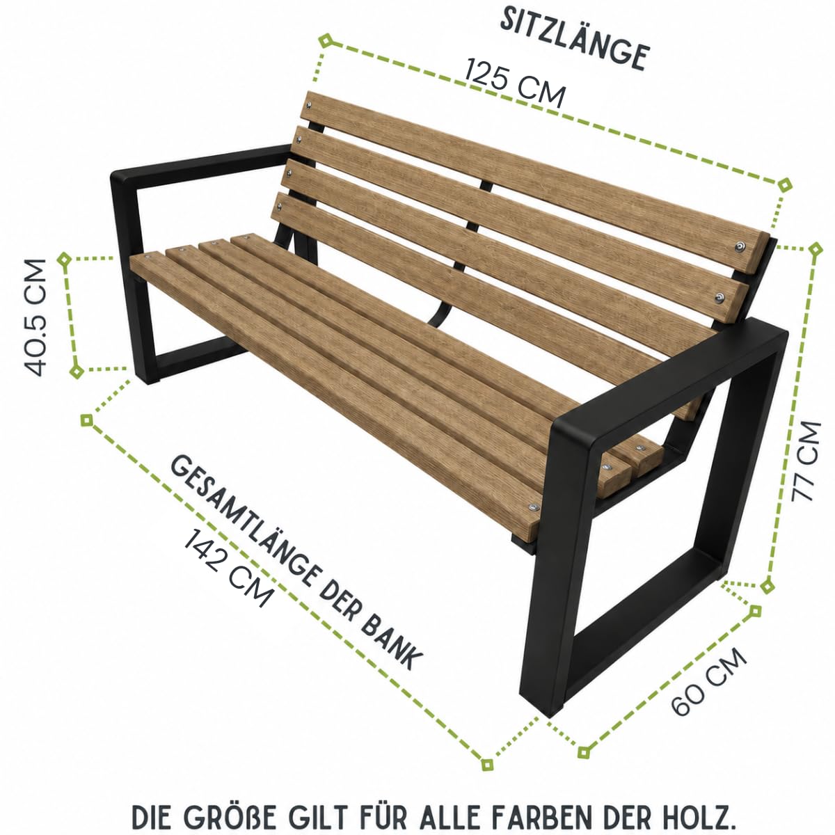 Gartenbank Holz mit Rückenlehne, 125 cm - Helle Eiche | Massives Fichtenholz & pulverbeschichteter Stahl, bis 500 kg, wetterfest, Sitzbank für Garten, Terrasse & Park, Grande