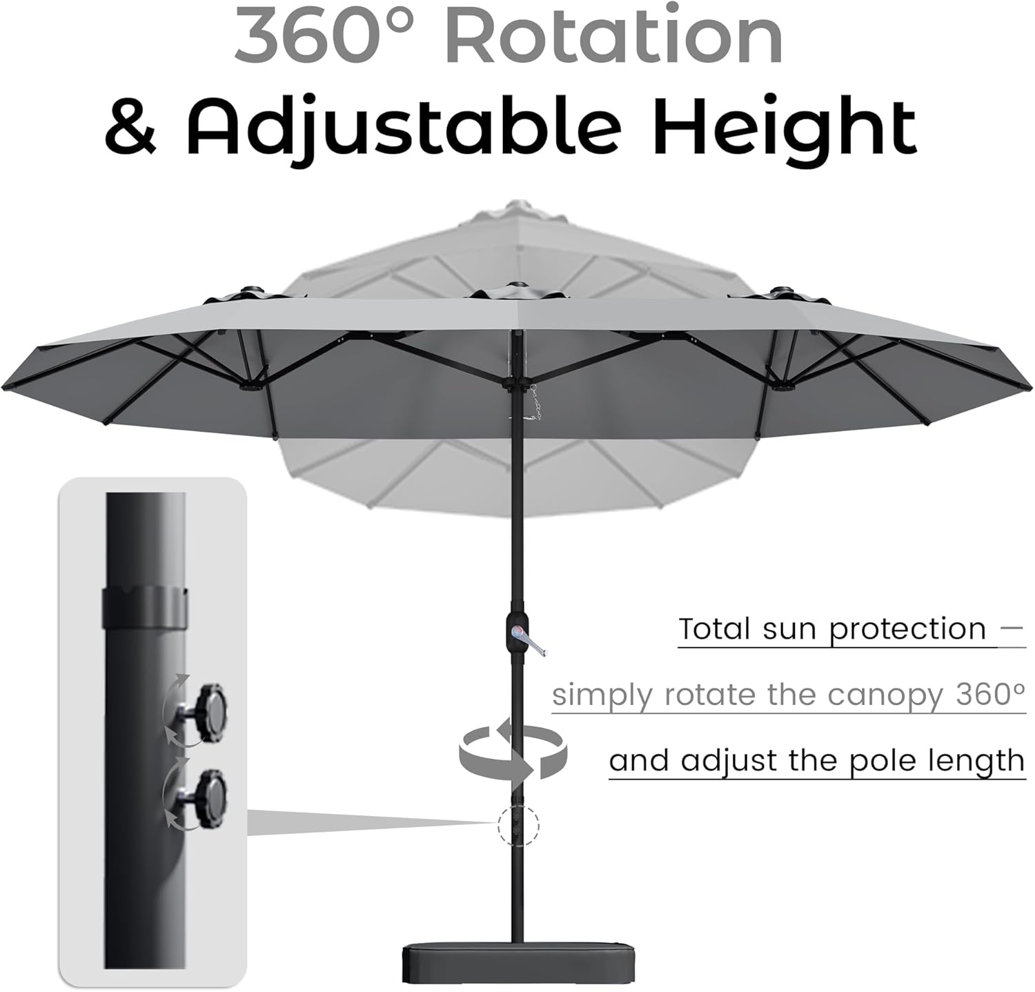 DomeShade 15ft Patio Umbrella with Base,Large Outdoor Double-Sided Rectangle Umbrella with Crank Handle, Market Umbrella for Poolside Garden Deck Backyard Beach Pools, Gray