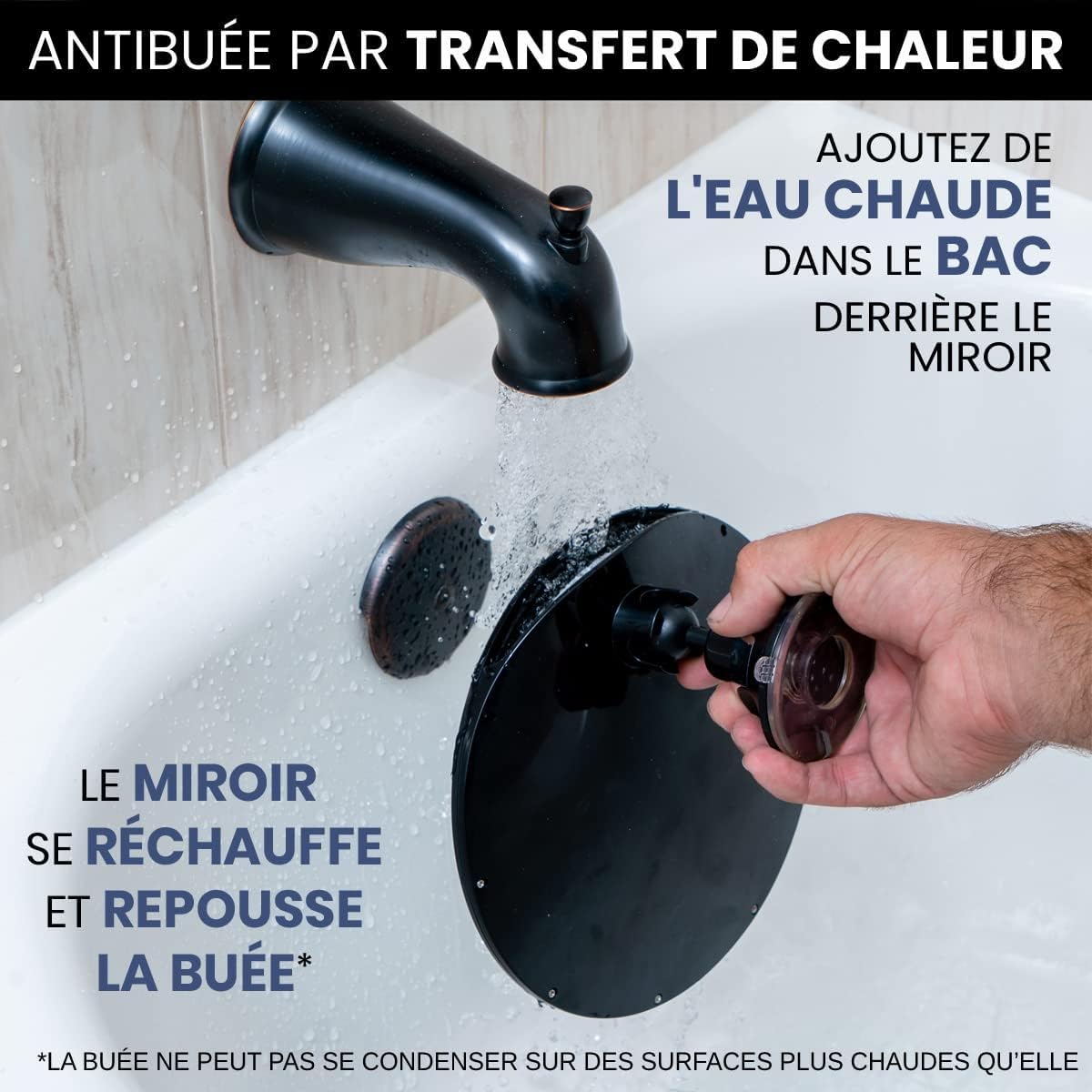 MIRRORVANA Miroir de Douche Anti buée avec Support Rasoir et Ventouse puissante, Miroir incassable pour Rasage sans buée dans la Salle de Bain, 20 cm (Noir)