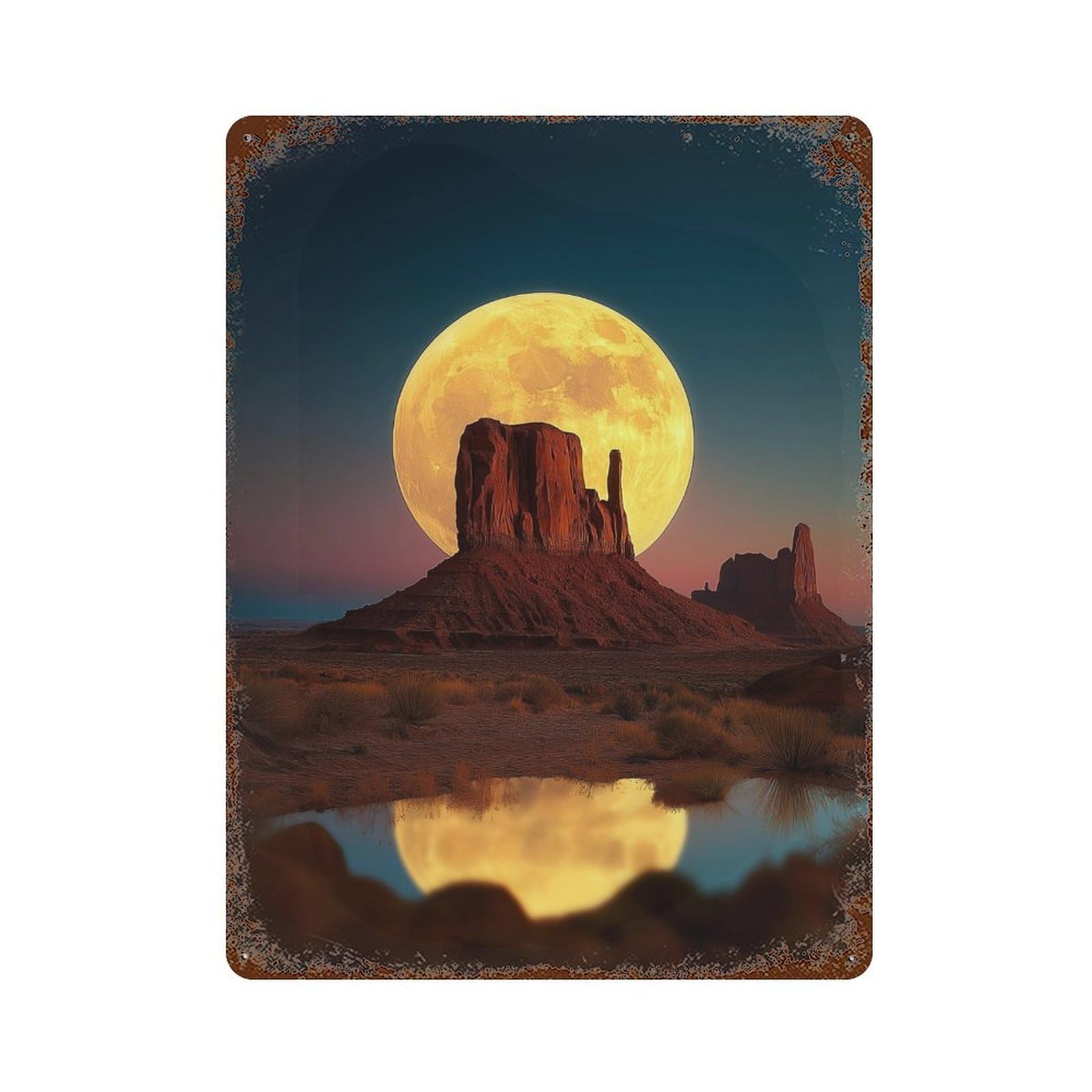 Full Moon Over Monument Valley Reflection Rust Effect Tin Sign 15.7"x11.8", Vintage Wall Decor for Pub, Kitchen And Man Cave Decor