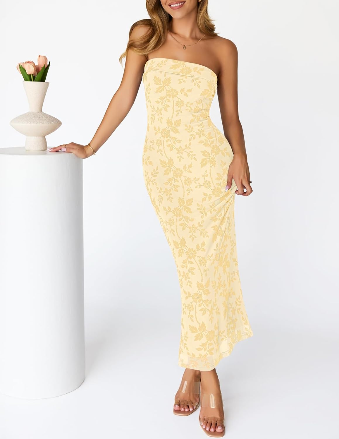 MEROKEETY Women's 2026 Summer Floral Strapless Dress Bodycon Tube Slit Mesh Wedding Guest Cocktail Party Maxi Dresses - Image 4