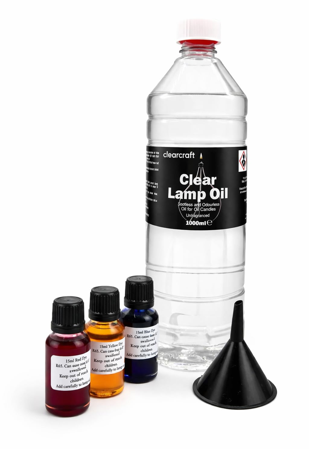 sans fumée et sans Odeur Clair Lampe à l'huile – 1 Litre – Plus 3 Couleur Dye Lot pour la Lampe de coloriage Oil. avec Gratuit Entonnoir