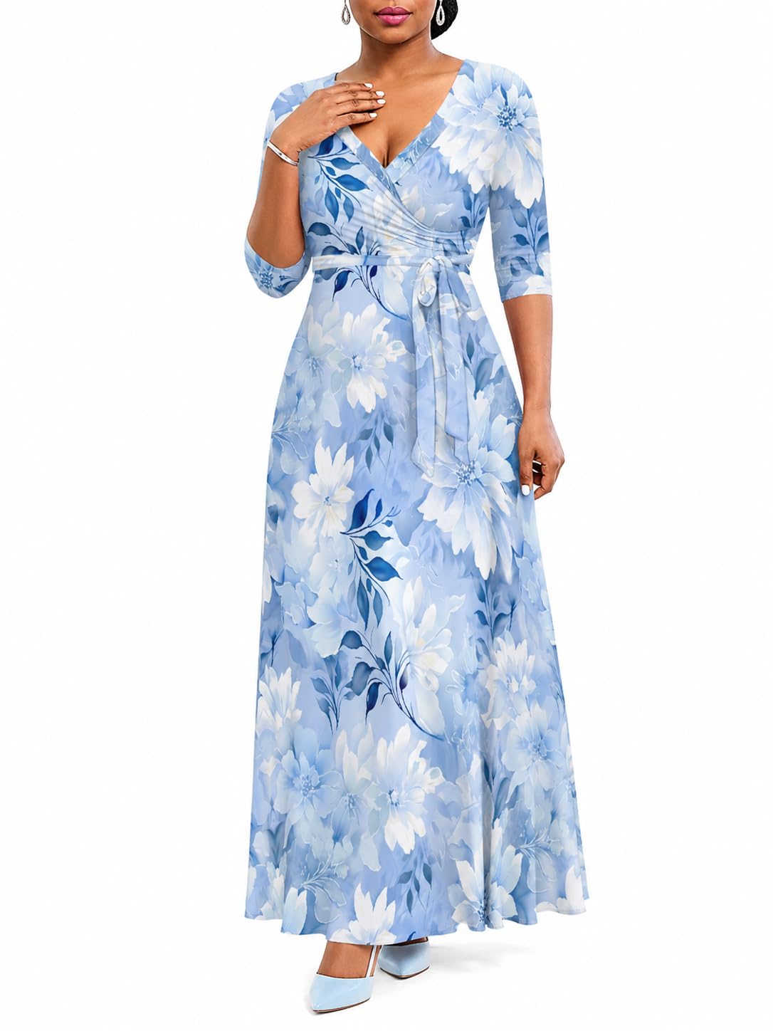 PinkPatty Women's Plus Size V Neck 3/4 Sleeve Boho Maxi Dress with Pockets | Boho printed maxi dress with pockets and tie waist for travel, vacations, weddings, church, parties, and daily wear