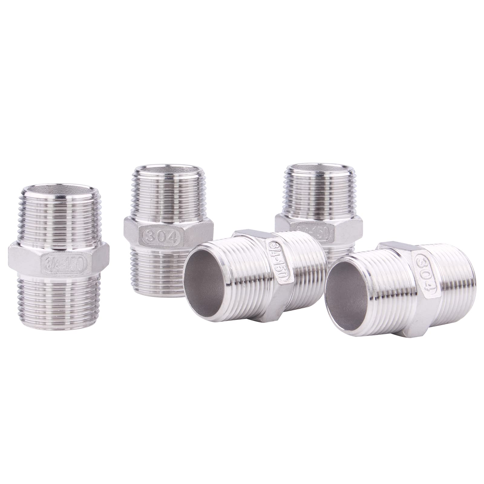 Hex Nipple 3/4" Male NPT - Stainless Steel 304 Threaded Pipe Fitting for Brew Kit, Home Piping Application(Pack of 5)
