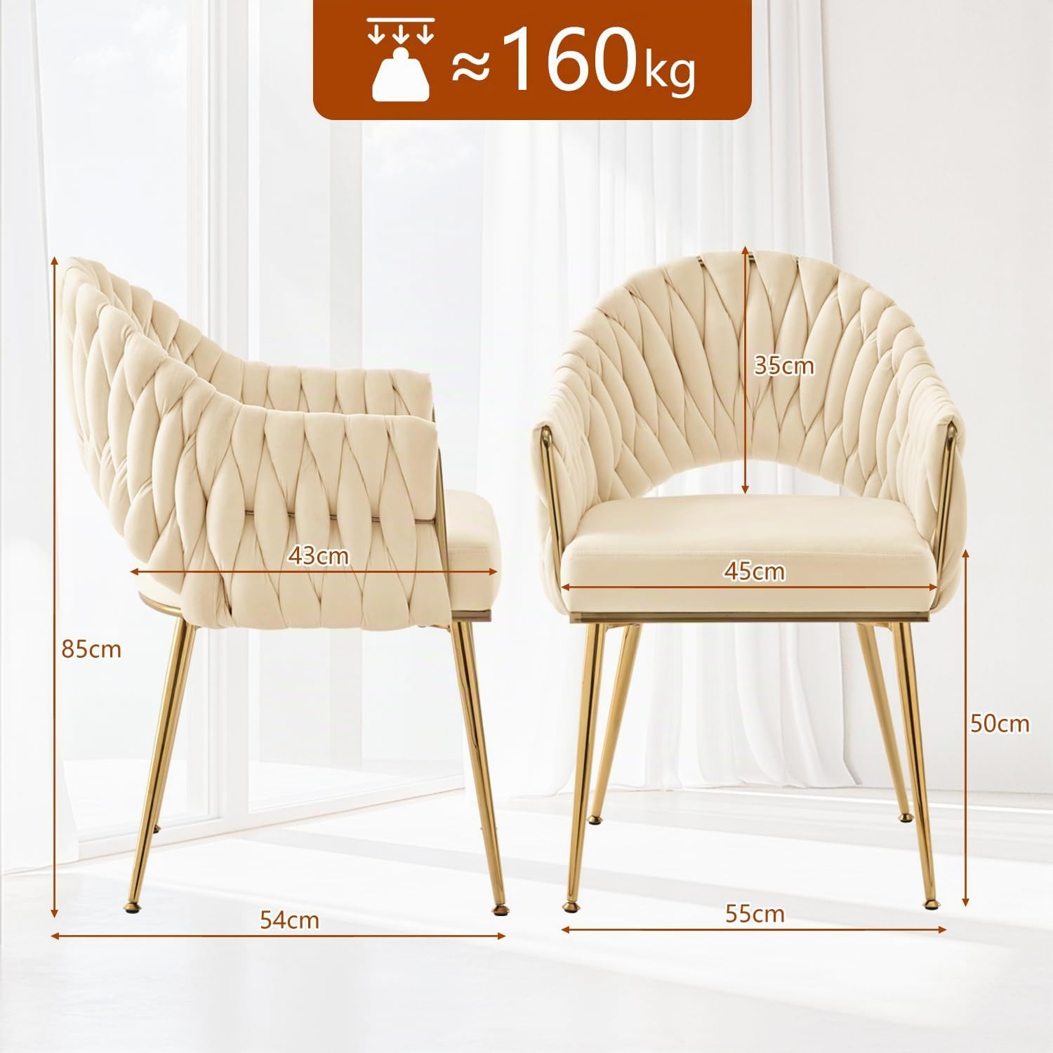 Juego de 2 sillas de Comedor de Terciopelo, sillones de salón, sillas de Comedor con reposabrazos, sillas de Cocina con Respaldo Alto Trenzado a Mano, Silla de tocador con Patas Doradas,Blanco