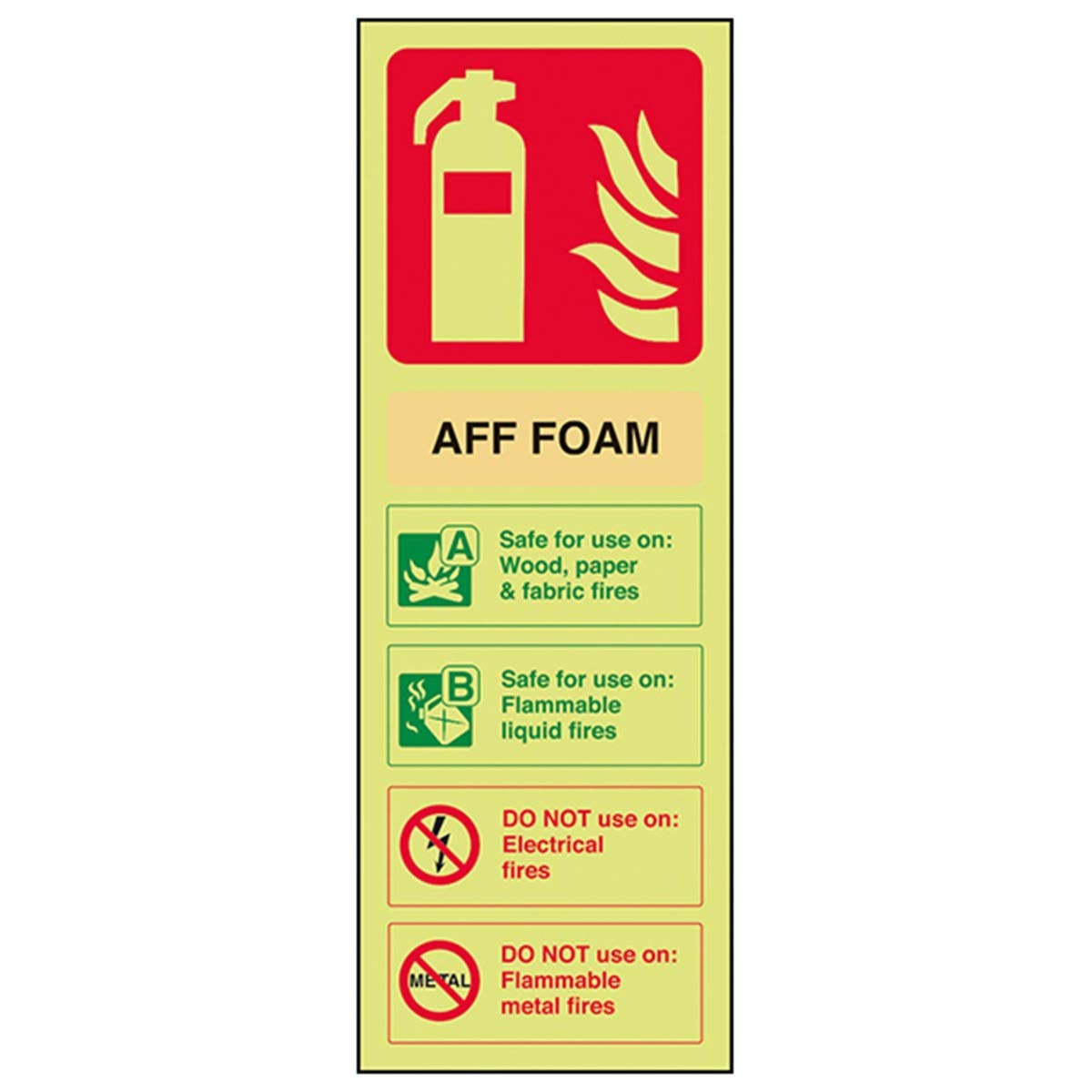 V Safety Glow In The Dark Aff Foam Id Fire Extinguisher Sign - 100mm x 280mm - Rigid Plastic