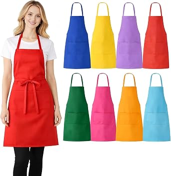 8 Pack Aprons Bulk with Pockets, Unisex Apron with Extra Long Ties for Chef, Cooking Classes, Painting, BBQ
