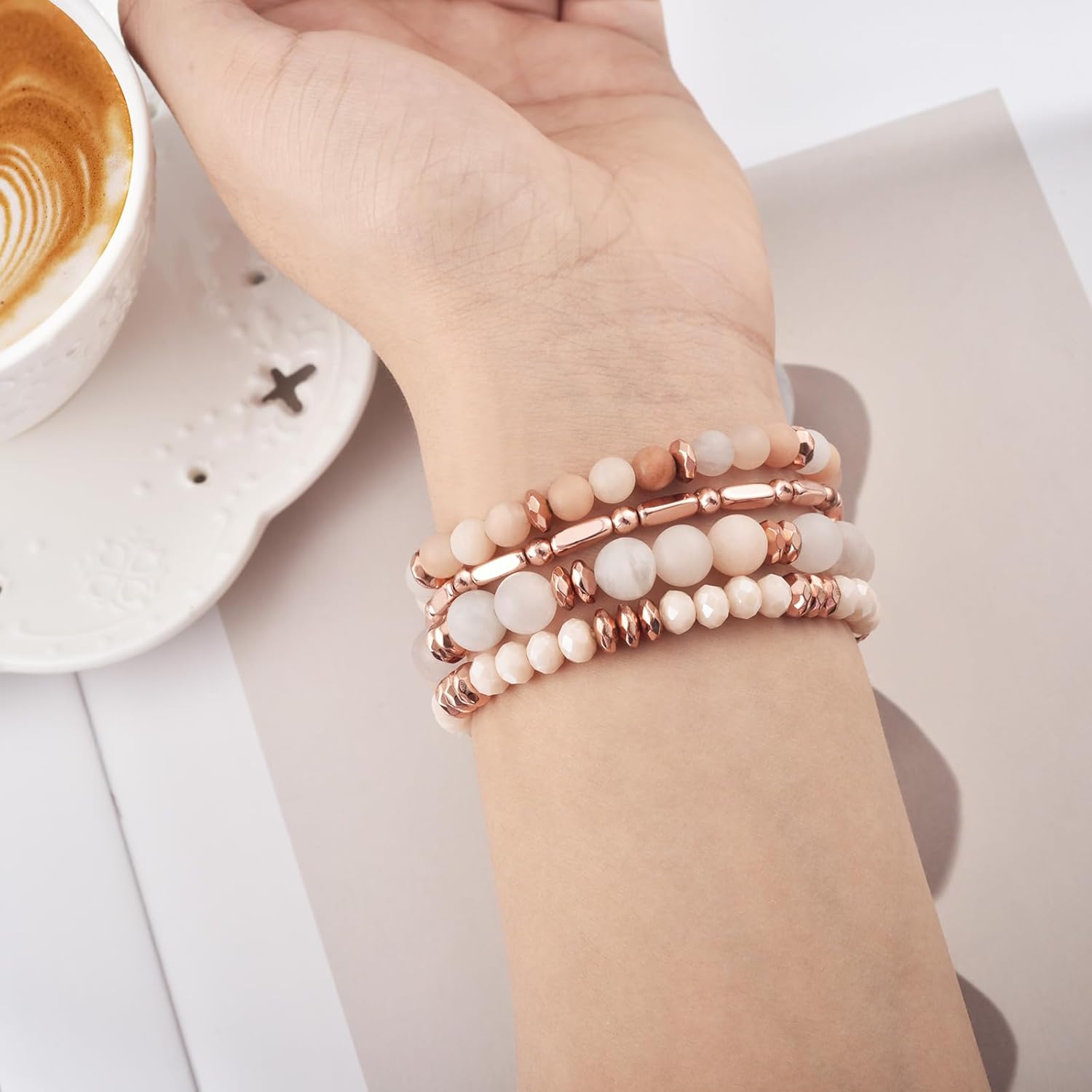 VISOOM Beaded Boho Bracelet for Apple Watch Series 11 10 Se 9 8 7 6 5 4 3 2 1 Bands 42mm 41mm 40mm 38mm Women, Fashion Handmade Cute Crystal beads Stretchy Watch Strap for Iphone iWatch Bands-White/Khaki - Image 3