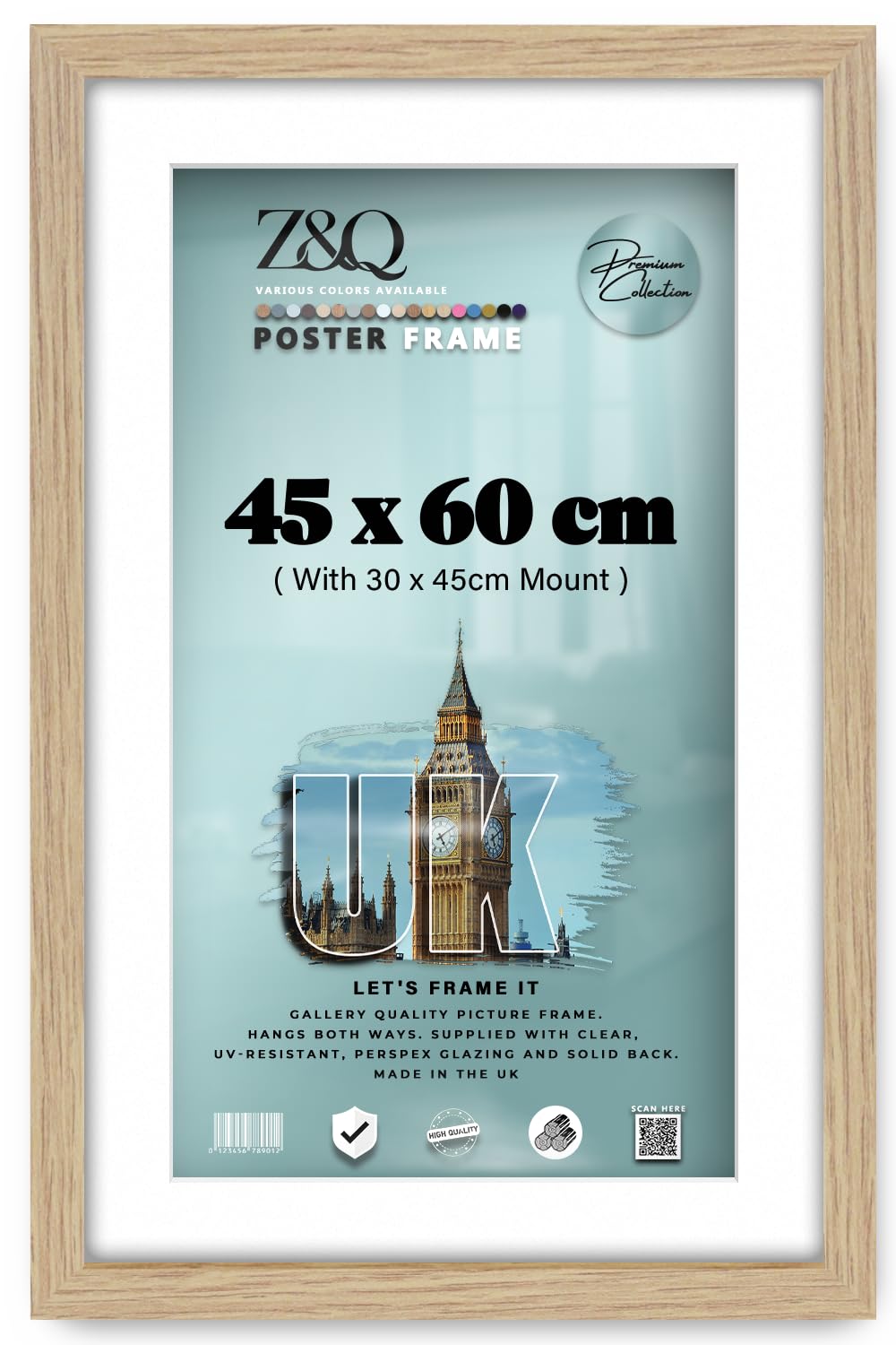 Z&Q Sturdy 45x60 CM Photo Frame With 30x45CM Mount MDF ETON Wood 24x15MM Molding Shatterproof Clear Perspex Front (Oak)
