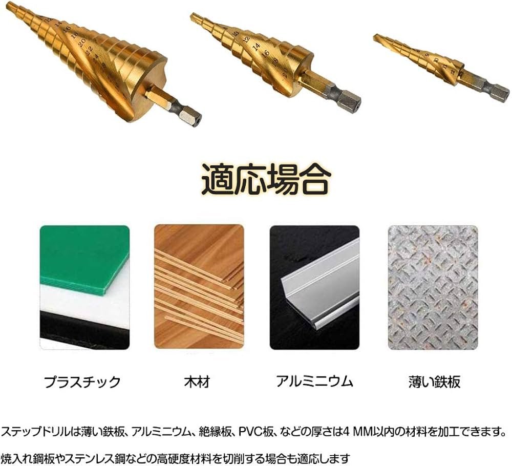 スパイラルステップドリル Amazon.co.jp: Chisafly ステップドリル スパイラルドリル 4本セット
