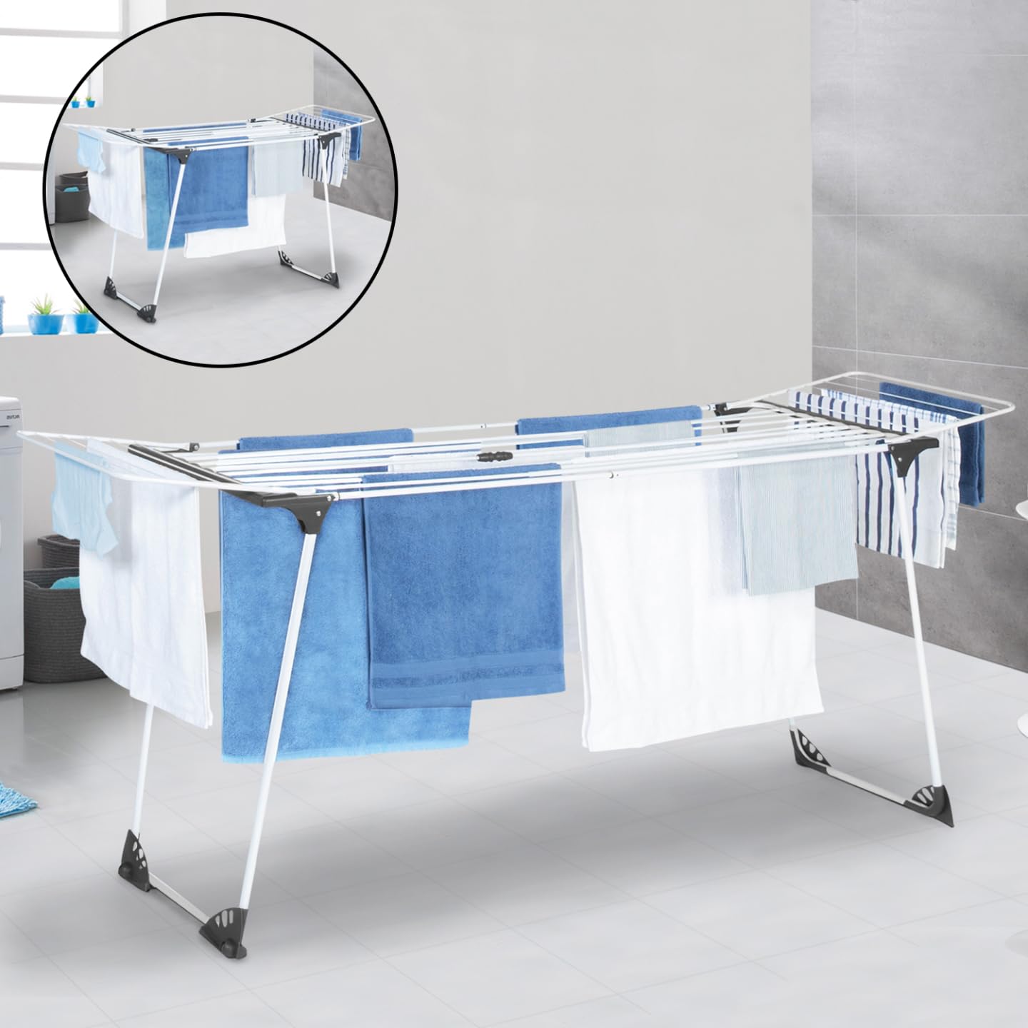 IDMarket - Tendedero extensible y plegable gris y blanco 160 a 211,5 cm ULTRA
