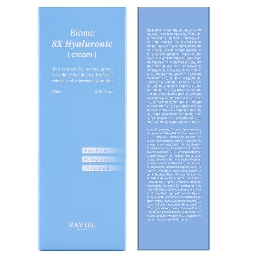 RAVIEL Crema de ácido hialurónico Biome 8X, hidratación duradera y 5 x ceramida barrera hidratante para pieles sensibles, cuidado diario de la piel coreana (80 ml)