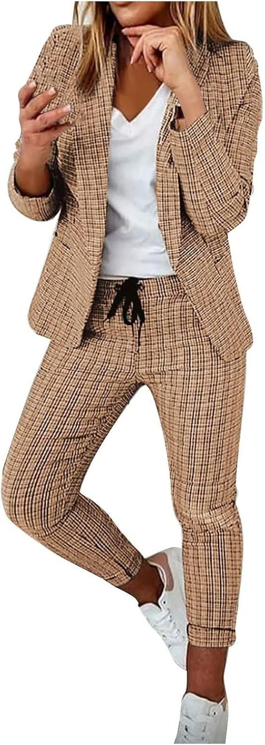 Women Blazer Set 2 Piece Outfits,Plaid Print Long Sleeve Blazer with Drawstring Pants Solid Business Casual Suit Set