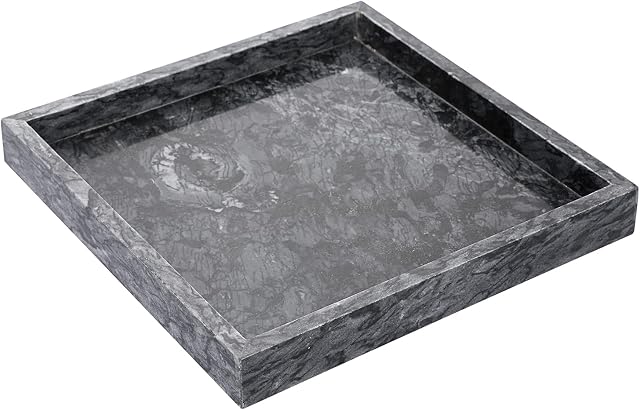 BSTKEY Natural Marble Stone Tray Decorative Coffee Table Tray, Square 25CM Marble Serving Tray Vanity Tray for Kitchen, Bathroom, Dresser, Countertop (Black)