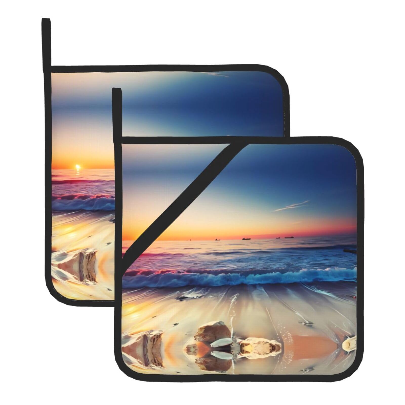 YYHWHJDE Sunset View on The Beach Shore Prints Square Hot Pads for Kitchen Counter - Waterproof Pot Holders with Hanging Loop, Durable Trivets for Microwave Oven - 2 Pack