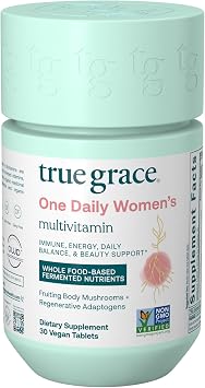 True Grace One Daily Womens Multivitamin Fermented Minerals, Organic Adaptogens & Mushrooms Whole Body Balance, Immune, Energy, Beauty Support - Non-GMO, Gluten Free, Soy Free - 30 Vegan Tablets