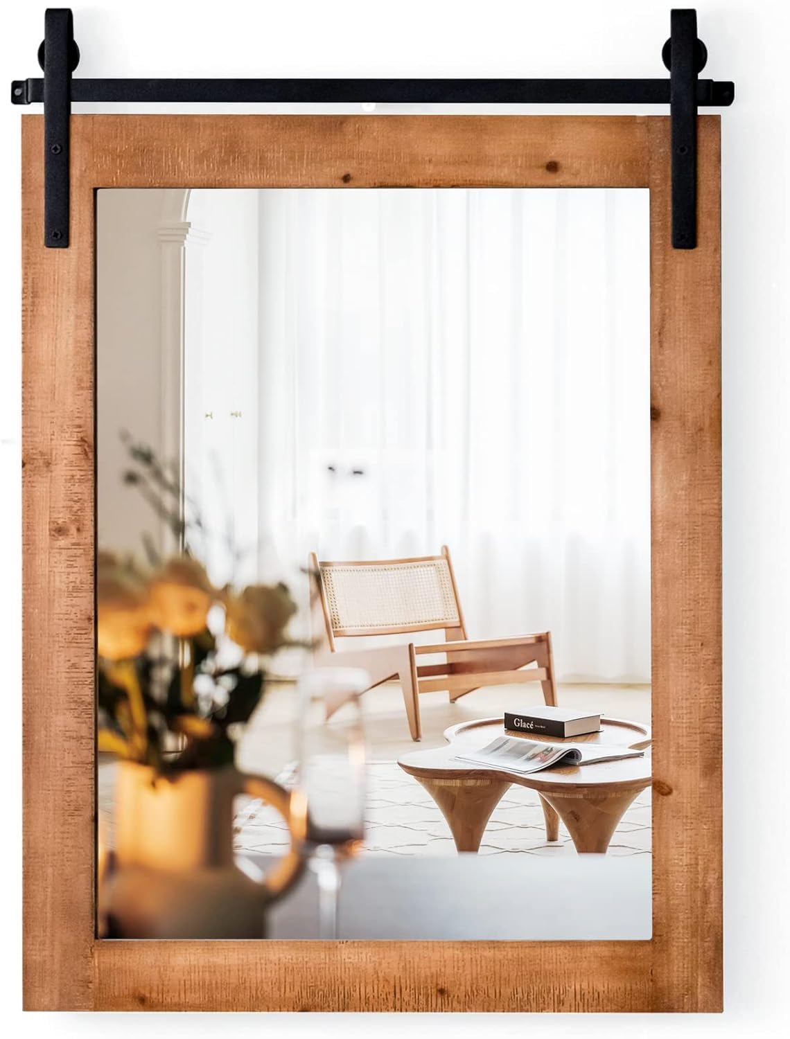 RELAX4LIFE Espejo Decorativo de Pared de 76x55cm, Espejo Pared con Marco de Madera de Abeto y Soporte de Metal para Salón, Dormitorio, Baño, Recibidor y Entrada (Natural)