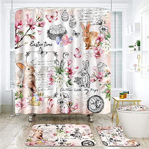 Easter Shower Curtain Sets with Non-Slip Bathroom Rugs, Toilet Lid Cover, Bath Mat, Spring Bunny and Butterfly Shower Curtain Sets with Hooks, Cute Easter Shower Curtains for Bathroom Decoration Easter Shower Curtain Sets with Non-Slip Bathroom Rugs, Toilet Lid Cover, Bath Mat, Spring Bunny and Butterfly Shower Curtain Sets with Hooks, Cute Easter Shower Curtains for Bathroom Decoration