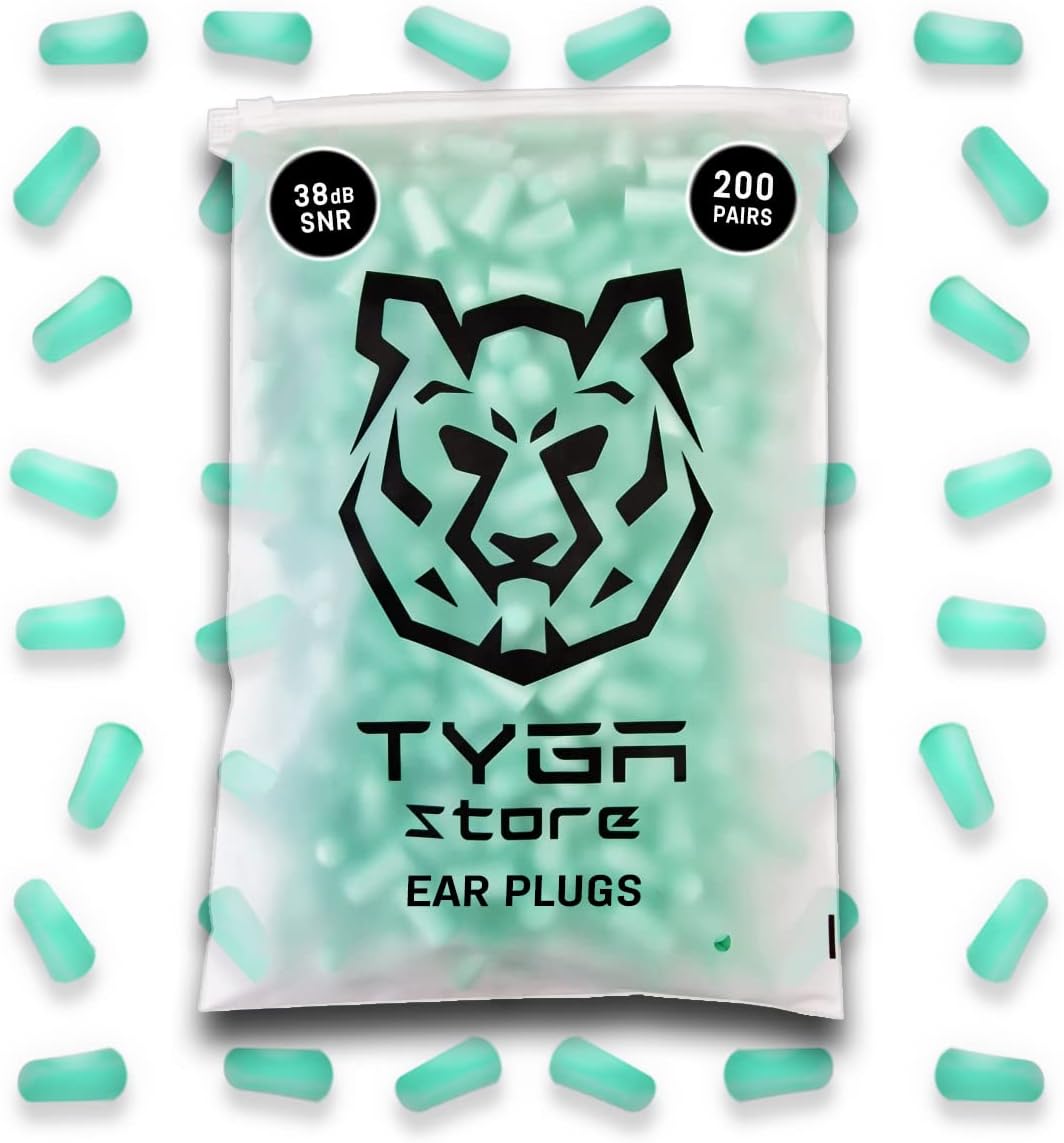 TYGA Store 200 Pairs Soft PU Foam Ear Plugs, SNR 38 dB Noise Cancelling, Best for Sleep, Snoring, Automotive, Construction, Refill Bulk Pack with Reusable, Resealable Zip Lock Bag. (Mint Green)