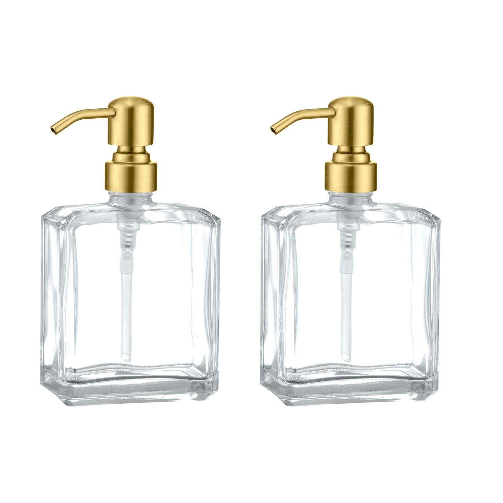 Square Clear Glass Dish Soap Dispenser Set 2 Pack, Brushed Gold Refillable Hand Soap Dispenser with Rust Proof Stainless Steel Pump 2 x 13.5 oz Lotion Dispenser for Bathroom Vanity Kitchen