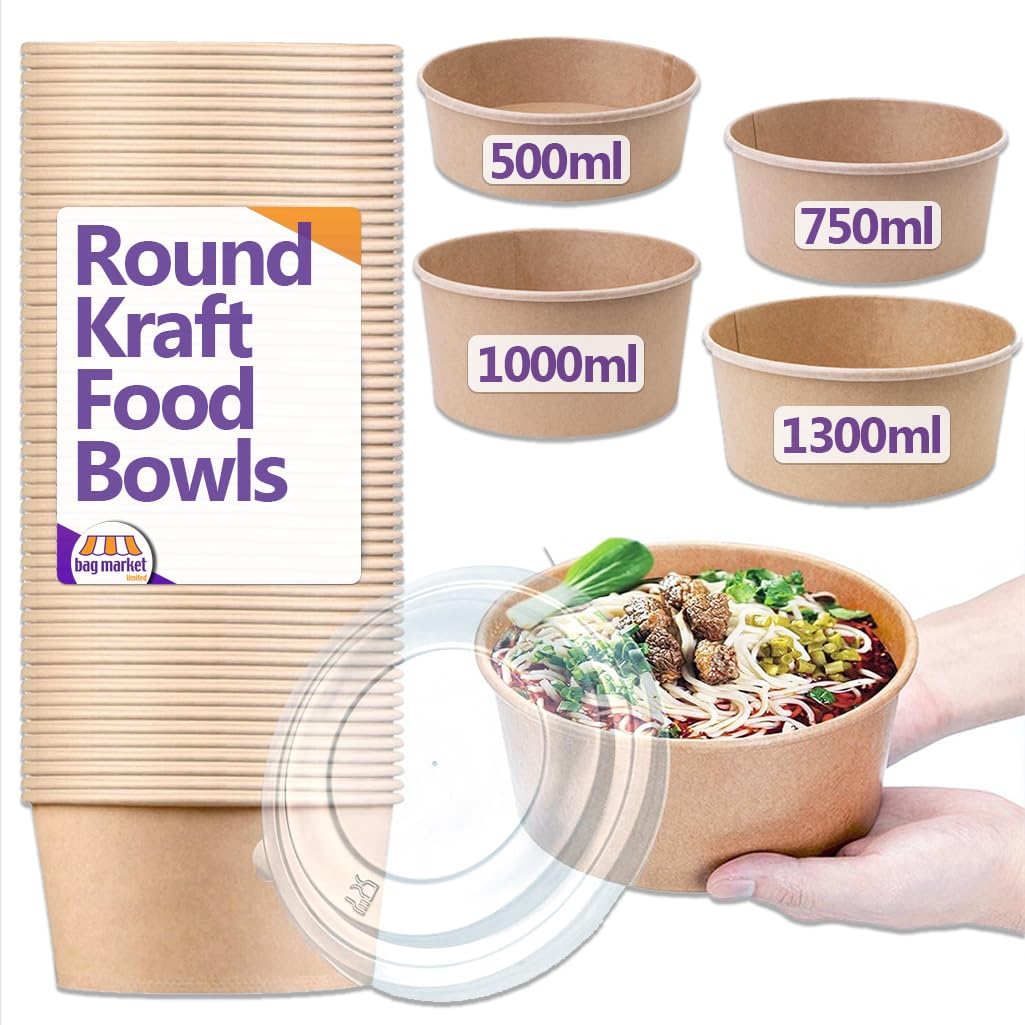 Bag Market | 50 x Kraft Takeaway Food Bowls with Clear Plastic Lids - Round Paper Salad Bowls for Deli, Pasta, Rice, Dessert - Street Food Containers (Medium - 750ml / 26oz)