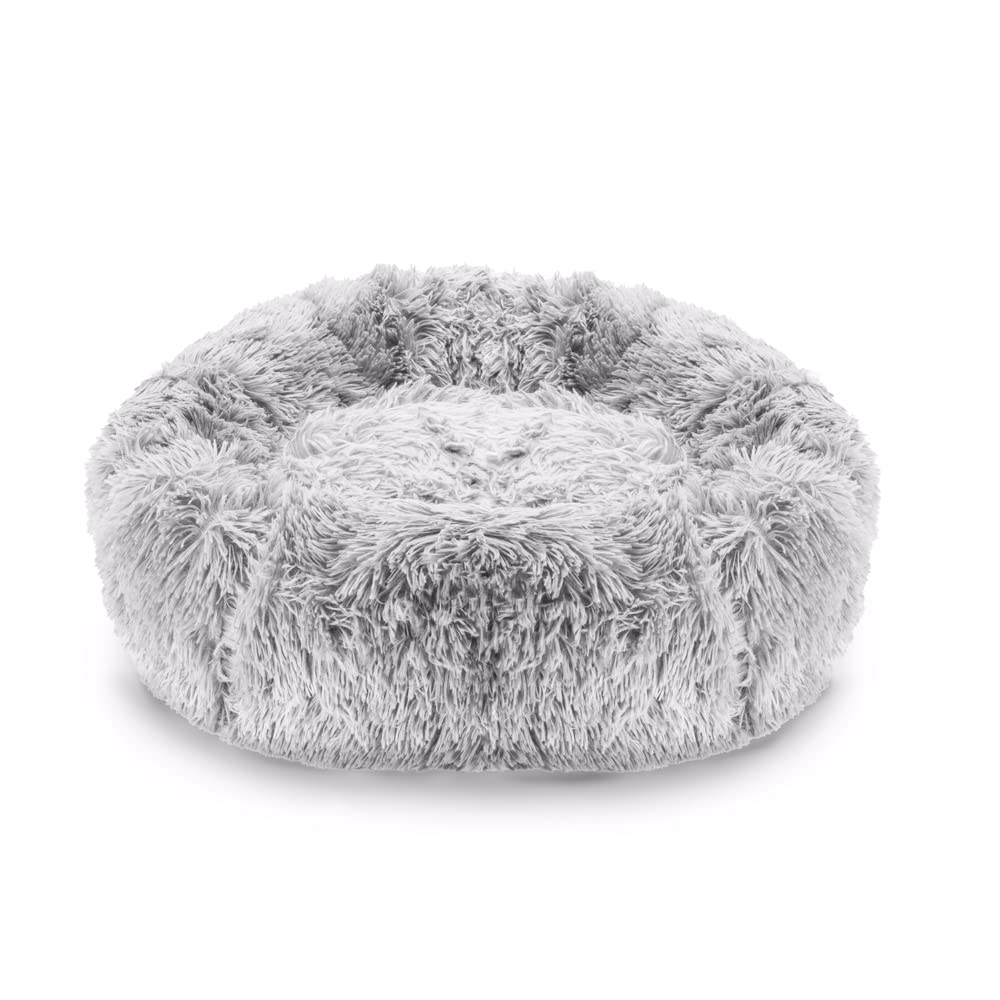 Pawamore Stress Relief Anxiety Pet Calming Comfort Round Noodle Donut Cushion Nest Cat Dog Bed with Warm Soft Plush Cover (Medium | 60cm Diameter, Light Grey)