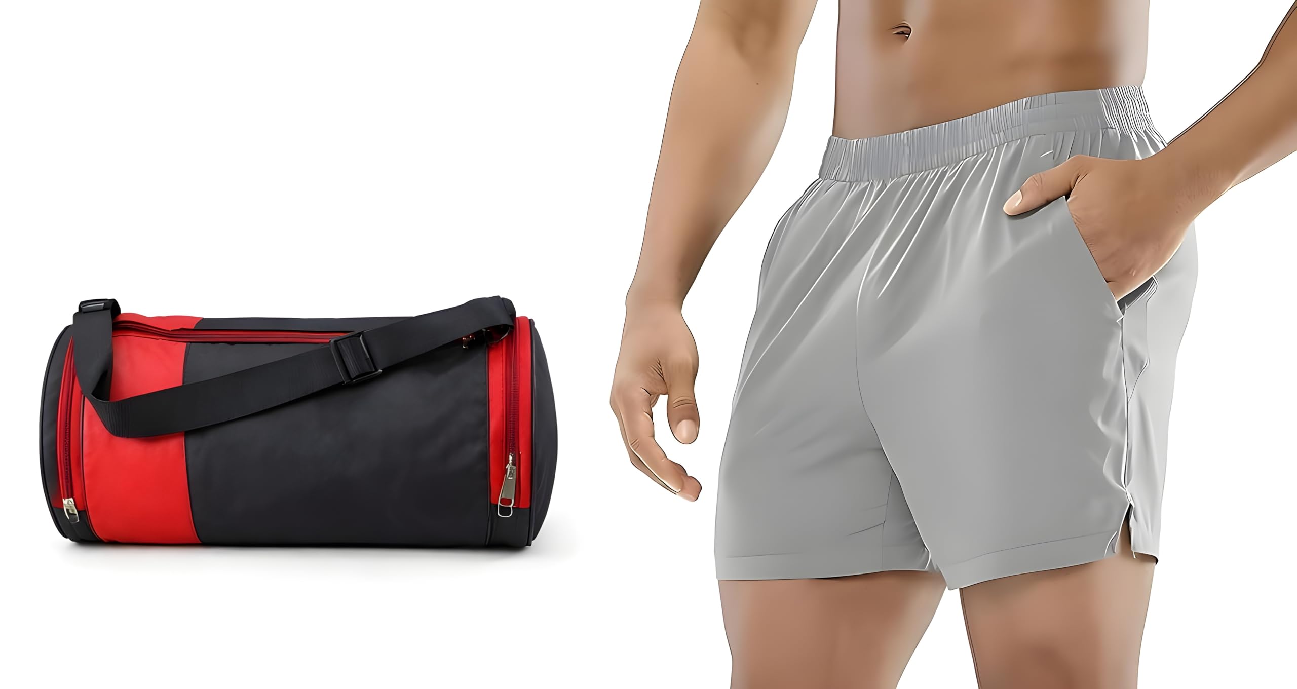 Men's Athletic Shorts with Gym Bag Combo, Grey Shorts with Red and Black Duffel Bag, Moisture Wicking, Regular Fit-image-49