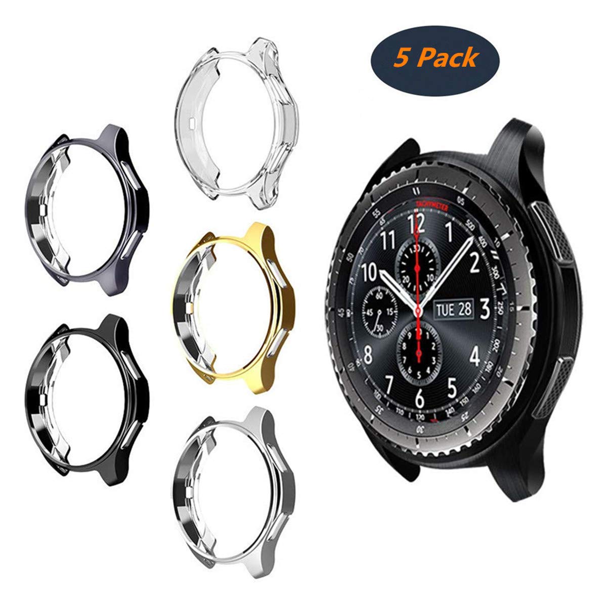 Folome [5Pack] Case Fit Samsung Gear S3 Frontier & Classic& S4 Galaxy Watch 46mm, Soft TPU Plated [Scratch-Proof] All-Around Protective Bumper Shell (Black+Gray+ Gold+ Silver+ Clear)