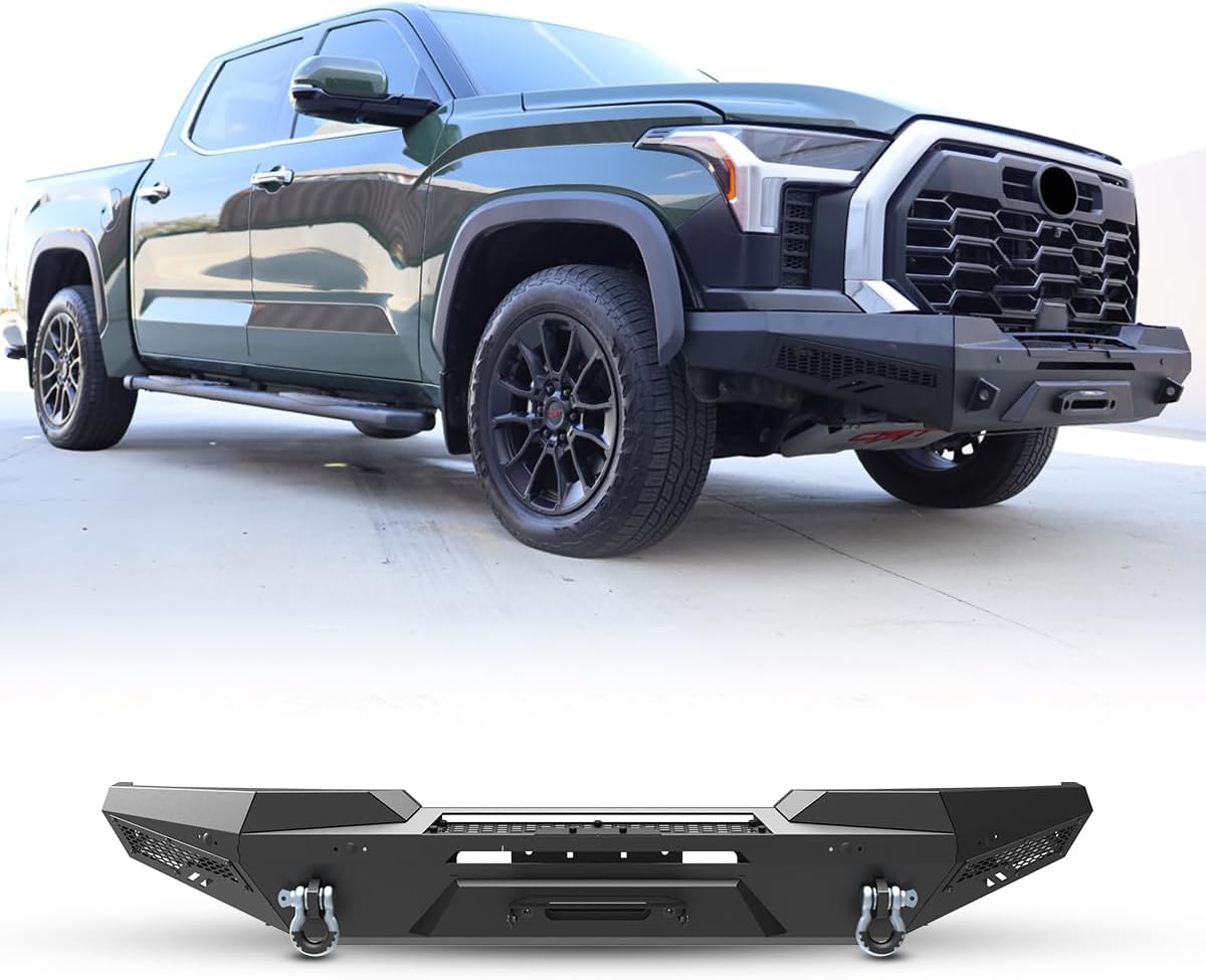 Front Bumper for 2022-2024 Toyota Tundra Pickup Truck, w/LED Light Bar & Bracket, Park Distance Sensor Hole, Licence Plate Mounting Bracket, DIY Paintable, Main Bumper+Side Wings+Winch Plate