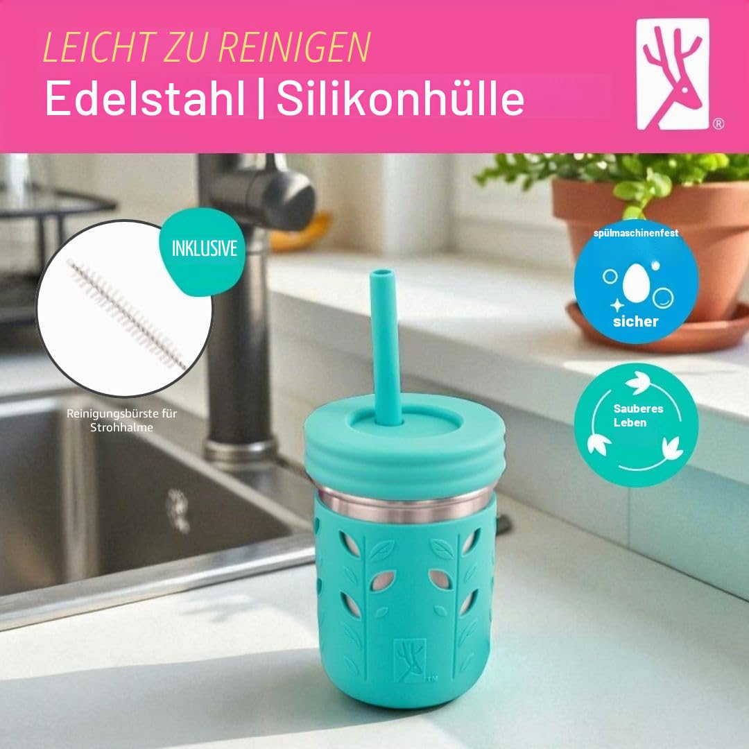 Elk and Friends 295ml Edelstahl Kinder Trinkbecher | Mason Jar mit Silikonhülle & Deckel | Silikon Strohhalm | Smoothie Becher | Auslaufsicher | Spülmaschinengeeignet | 4er Set